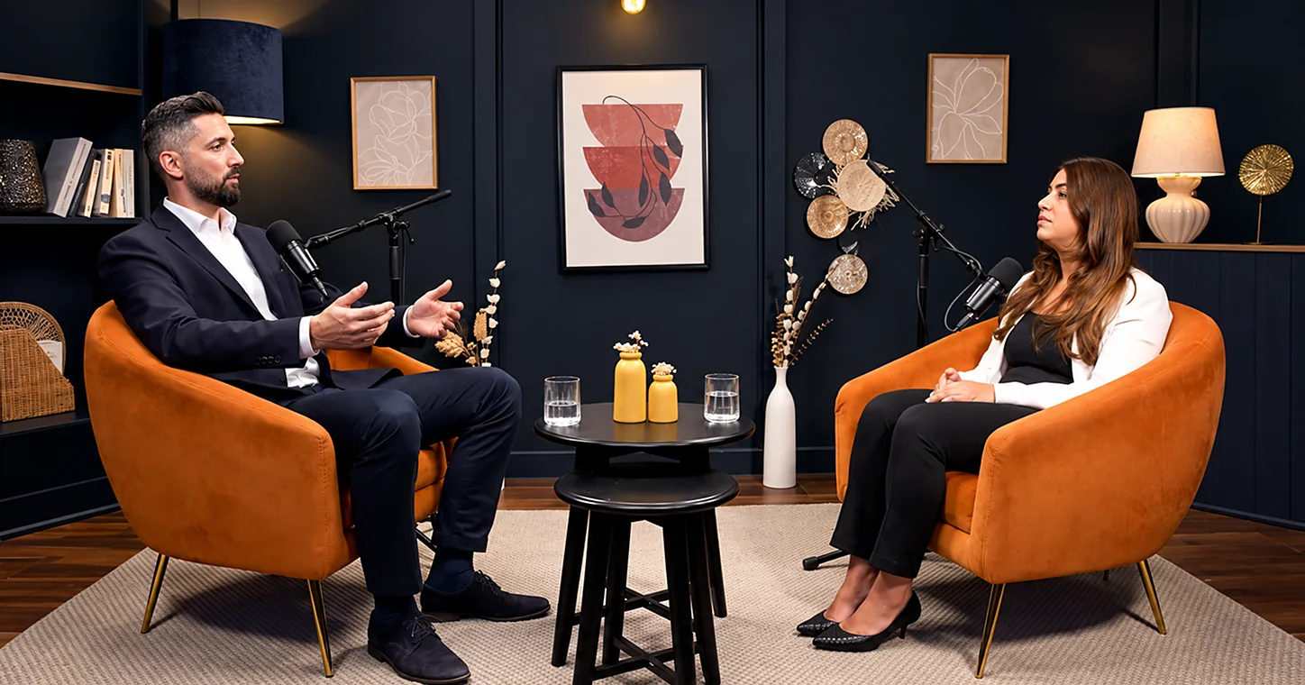 Joumana Saad in conversation on a podcast set