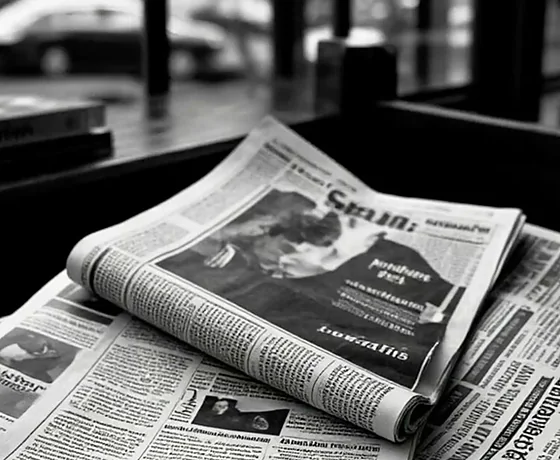 Newspapers open on a business desk